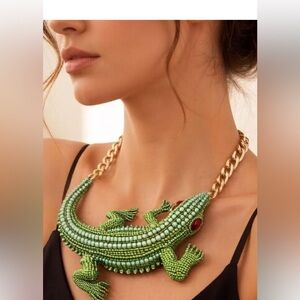 Statement Crystal Crocodile Necklace Green Rhinestone Bib Choker 24k Gold Plated